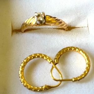 Dainty 14k gold ring & earrings Gift Set.  Size 7, 0.5 Carat Diamond Ring 💍